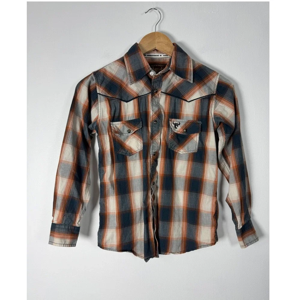 Western Cowboy Hardware Kids Med Shirt Orange Blue Plaid Bull‎ Skull Snap Front